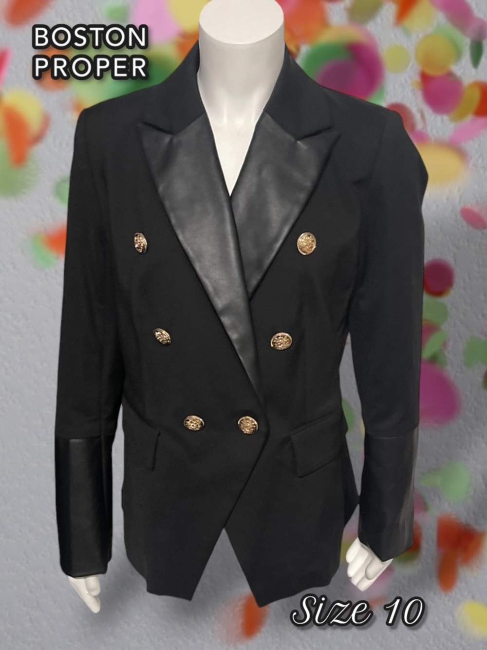 Boston Proper Black Leather Detailed Modern Double-Breasted Blazer Size 10